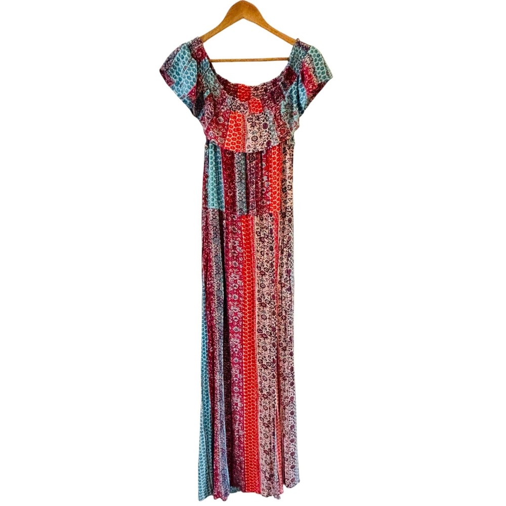 Womens Patchwork Maxi Dress Size L Boho Smocked Off Shoulder Cottage Festival